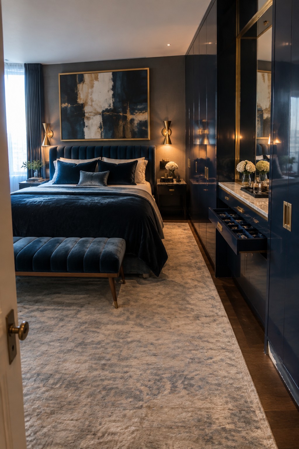 A bedroom with a tall navy blue full-height wardrobe featuring gold handles, an open jewelry drawer, and a marble vanity surface beside a bed dressed in blue velvet.