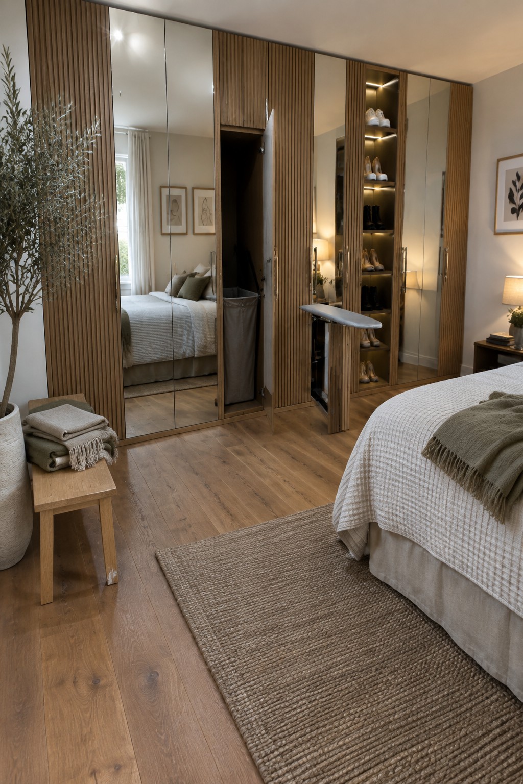 A modern bedroom with a full-height built-in wardrobe of wood and mirrors, featuring illuminated open shelves holding shoes and a pull-out ironing board beside a folded laundry bin.