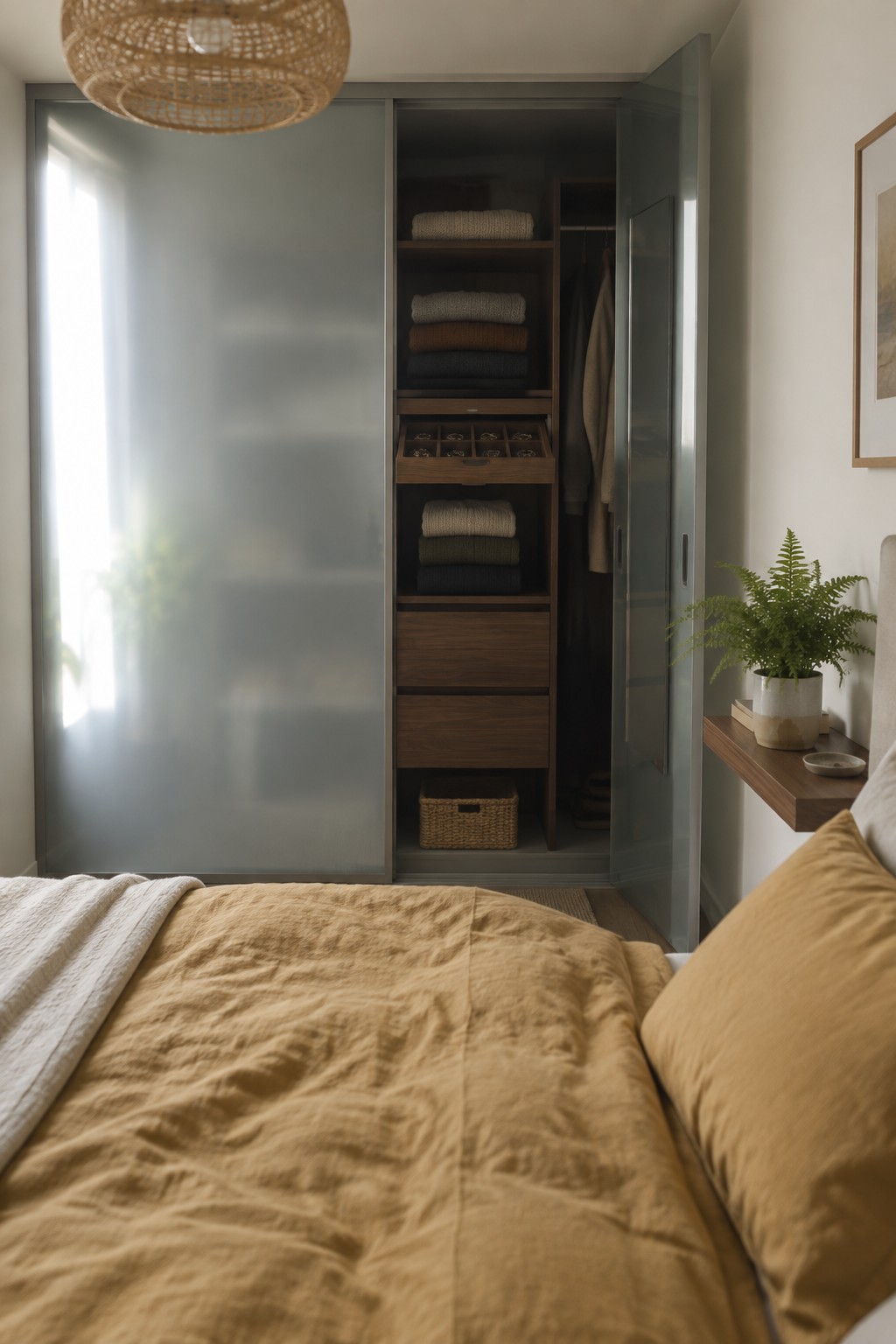 Open closet with folded sweaters beside bed with mustard yellow linens and potted fern.