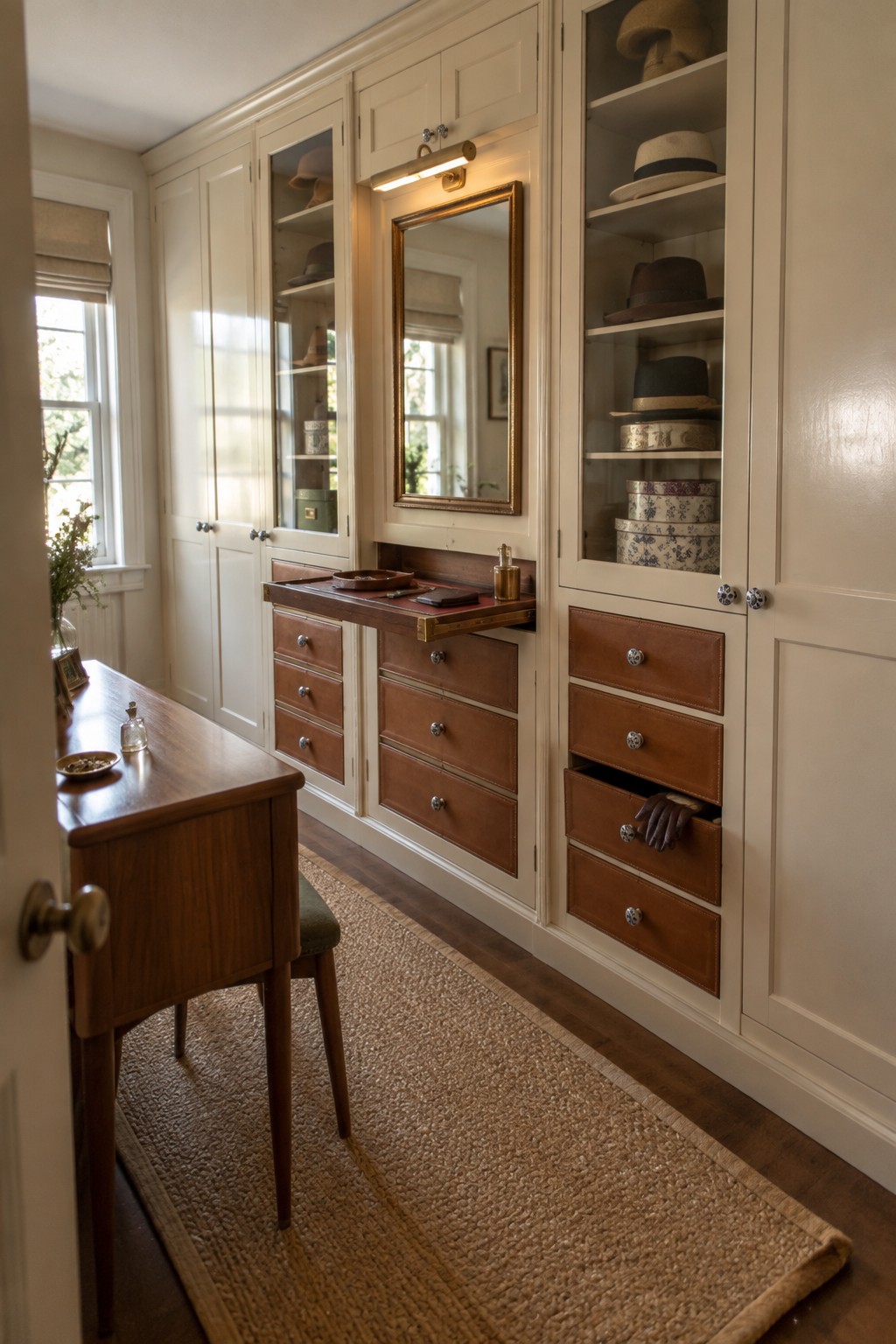 A bedroom wall lined with cream full-height built-in wardrobes that include glass upper doors, brown leather-front drawers, and a central mirror above a small wooden pull-out tray.
