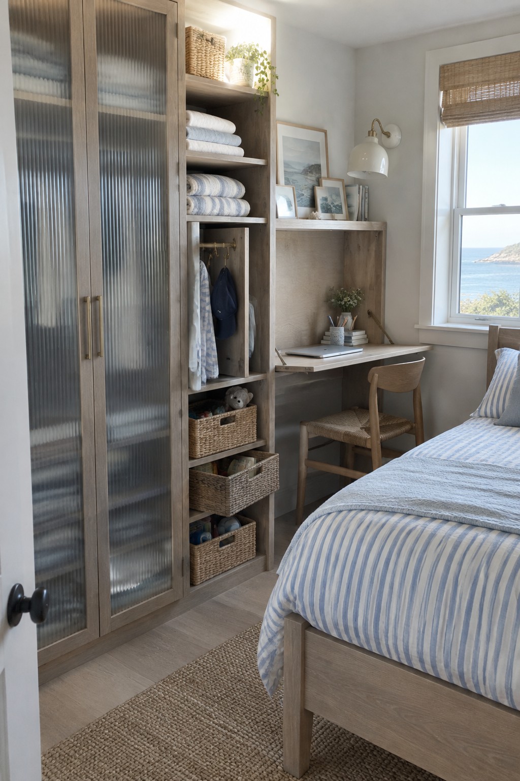 A light wood bedroom with a tall wardrobe of fluted glass doors, open shelves holding towels and baskets, and an attached desk area beside a bed with blue striped bedding.