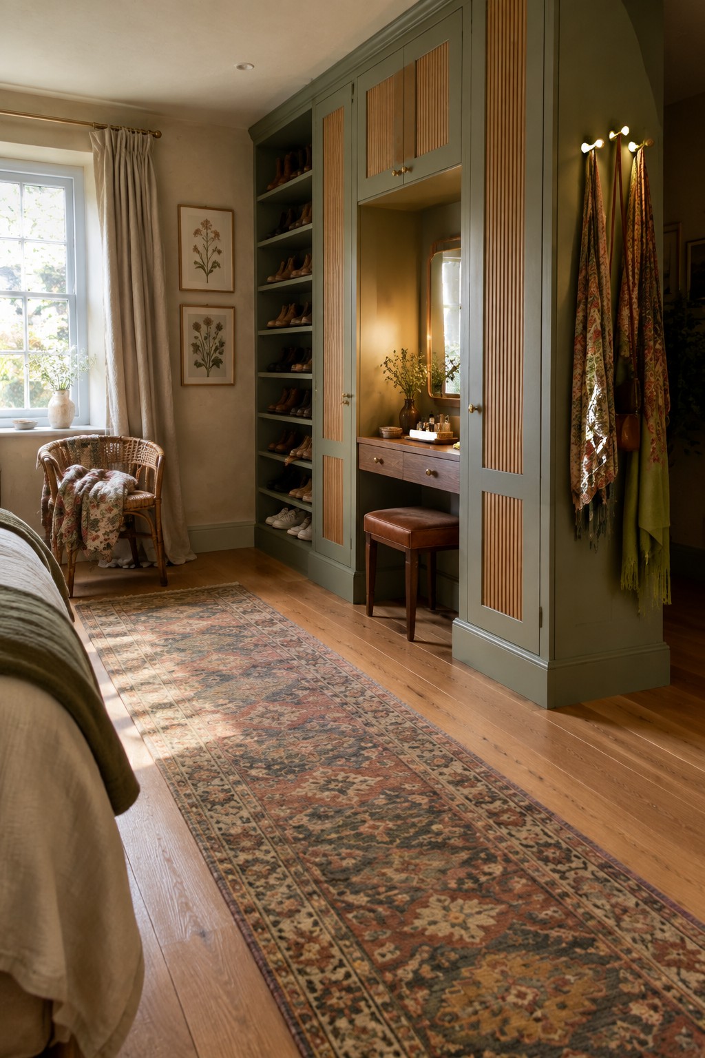 A bedroom featuring a large sage green built-in wardrobe with fluted wood panels, open shoe shelves on the left side, an integrated vanity with a stool, and patterned scarves hanging on hooks to the right.