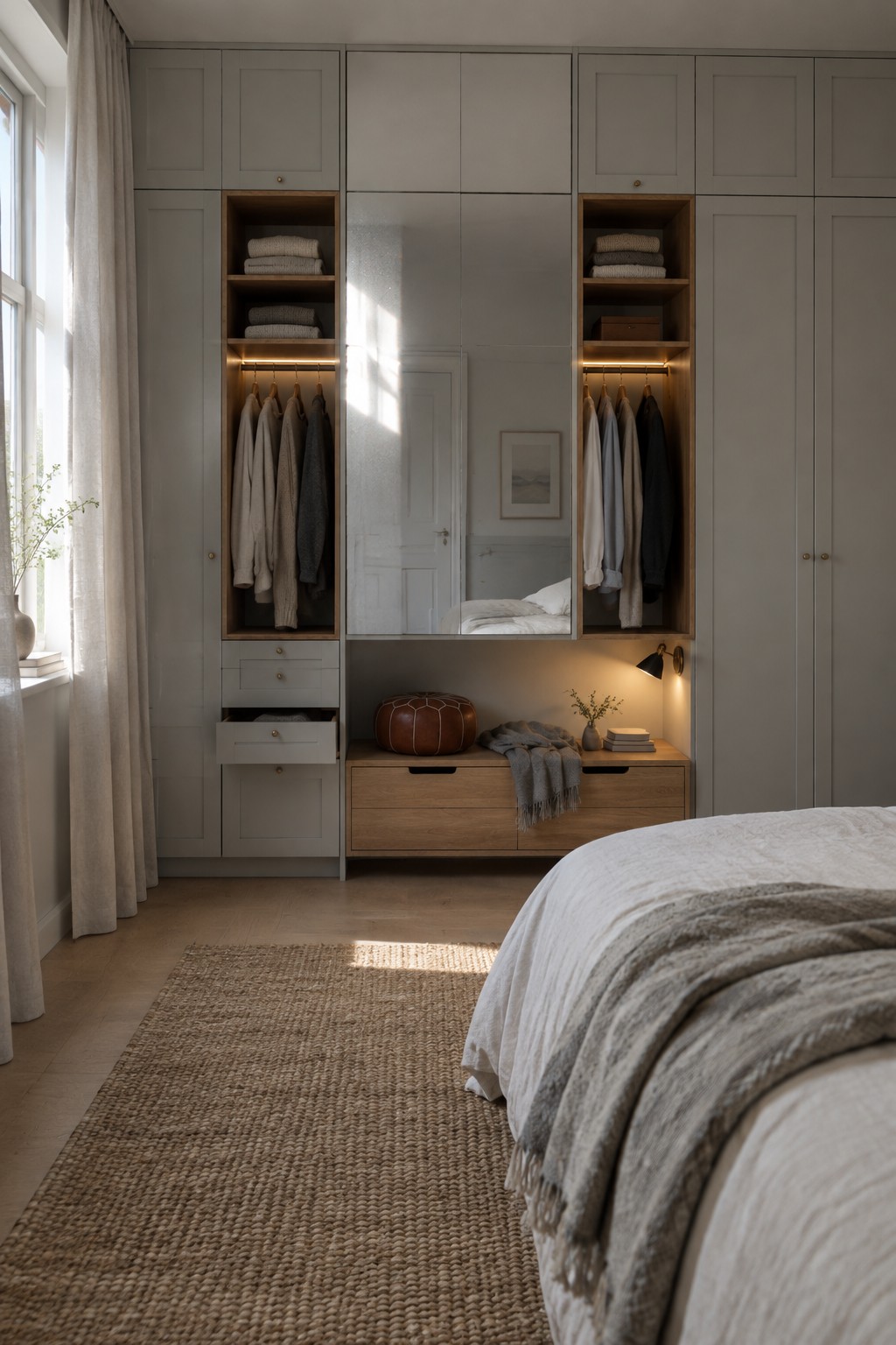 A bedroom featuring light gray full-height built-in wardrobes with open shelves, hanging rods, lower drawers, a central mirror, and a wooden bench below.