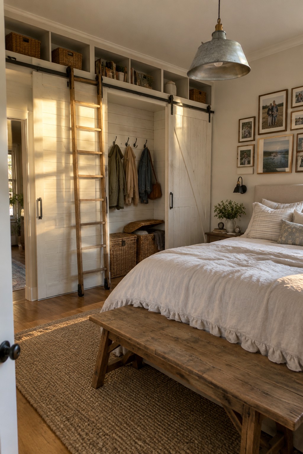 A bedroom with a white built-in wardrobe using sliding barn doors, open upper shelving, a wooden ladder, and a bed with white linens in front.