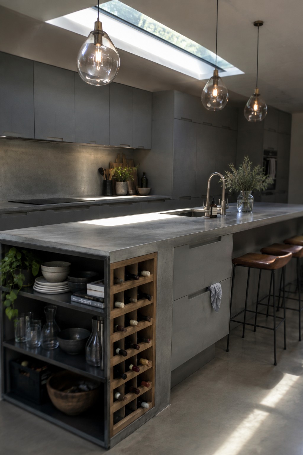 A modern kitchen featuring a large concrete island with a built-in wooden wine rack on one end, open shelving below, and three brown leather bar stools along the side.