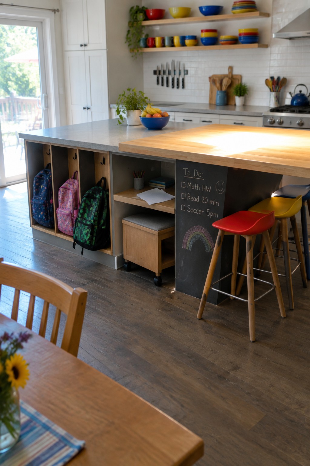 A modern kitchen island with open cubbies holding several backpacks, a chalkboard panel showing a to-do list, and three colorful stools on one side.