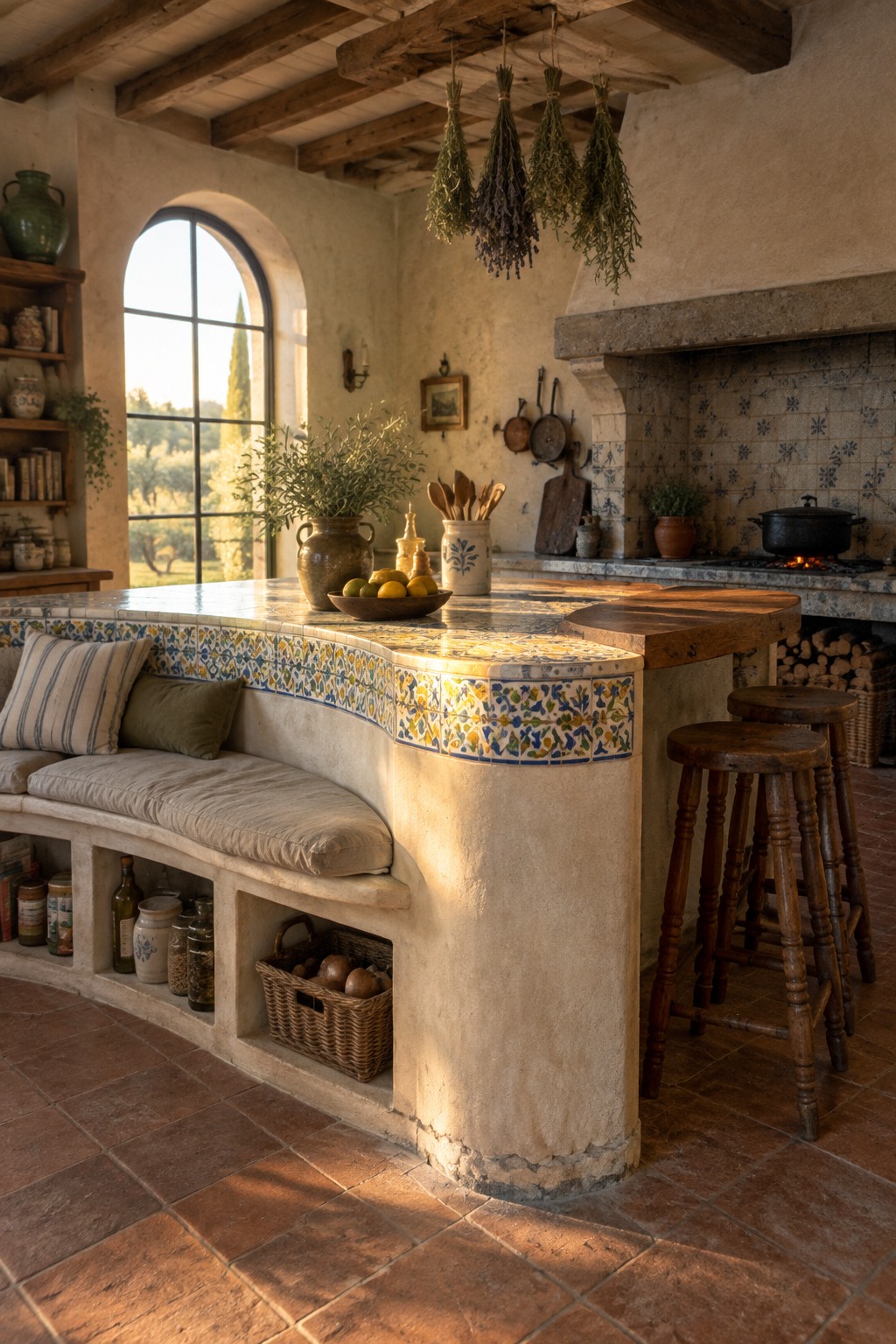 Rustic kitchen with curved tiled counter, wooden stools, hanging herbs, arched window.