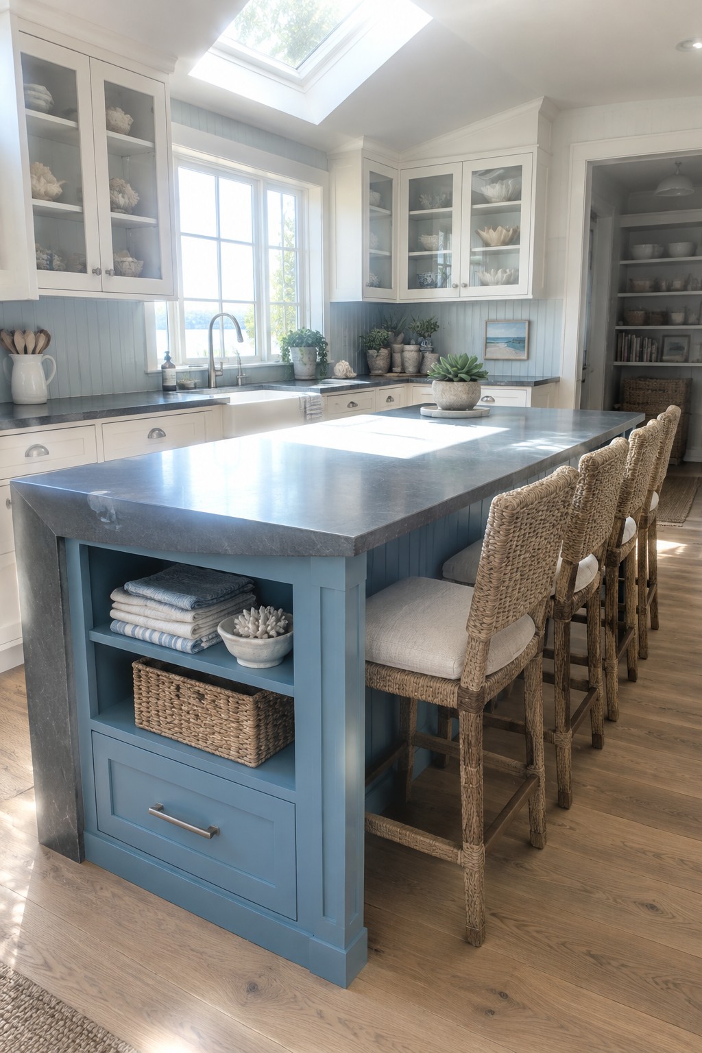 A kitchen island with blue painted base, open lower shelves holding folded towels and a basket, dark stone countertop, and four woven bar stools along one side.