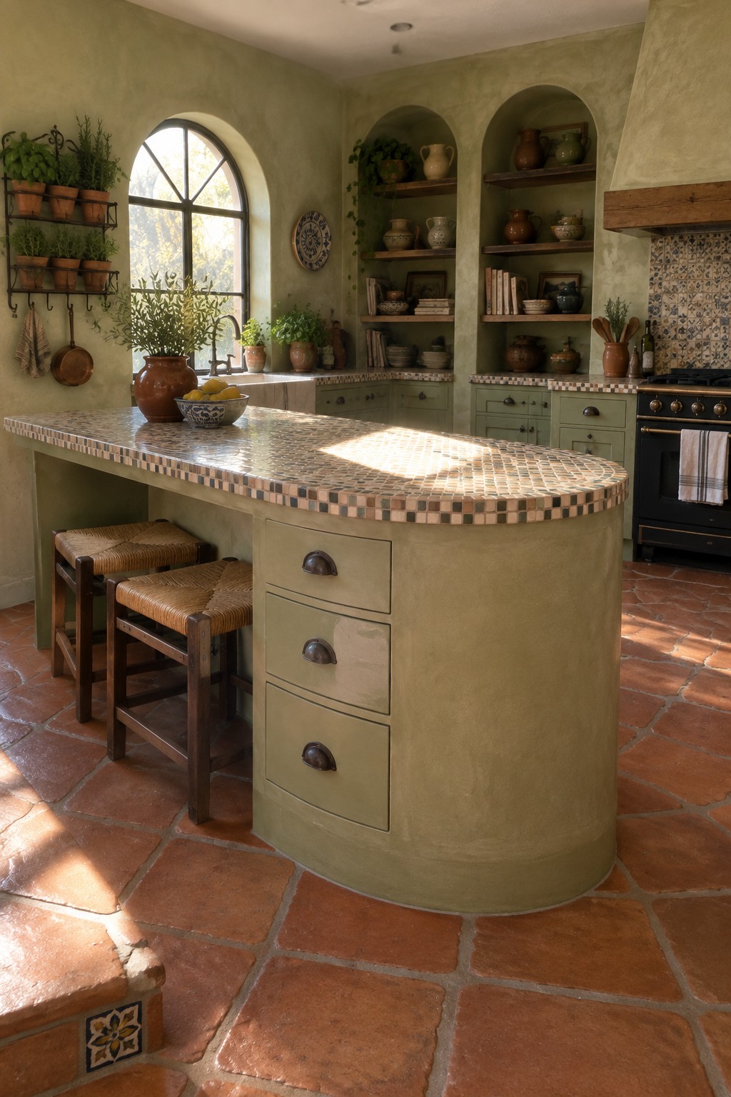 A curved kitchen island with a mosaic tile top, sage green drawers, and two woven-seat stools on a terracotta tile floor.