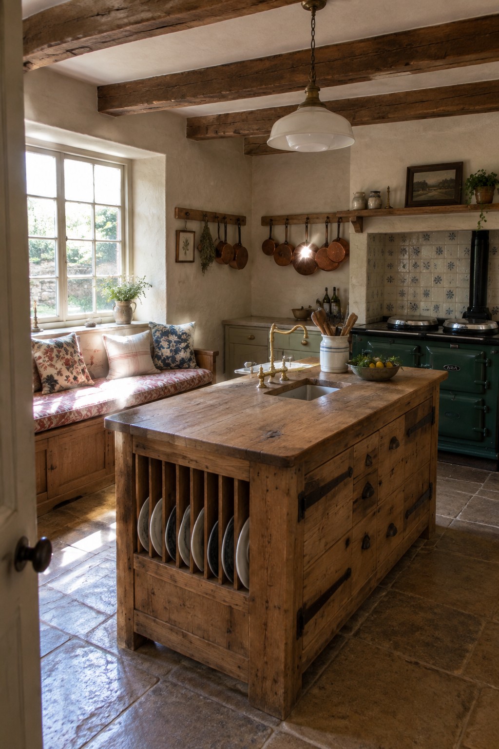 A large rustic wooden kitchen island featuring a built-in vertical plate rack on one end, a brass sink, and multiple drawers, set in a kitchen with exposed beams and a green range cooker.