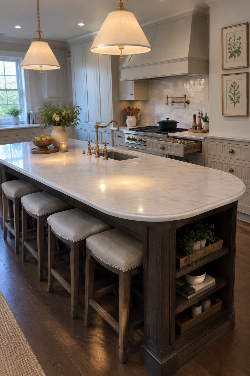 A kitchen island with a white marble top, dark wood base, four upholstered stools along one side, and open shelving holding plants and books at the end.
