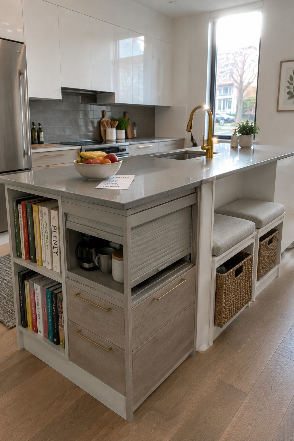 Modern kitchen island with bookshelves, fruit bowl, gold faucet, and cushioned stools