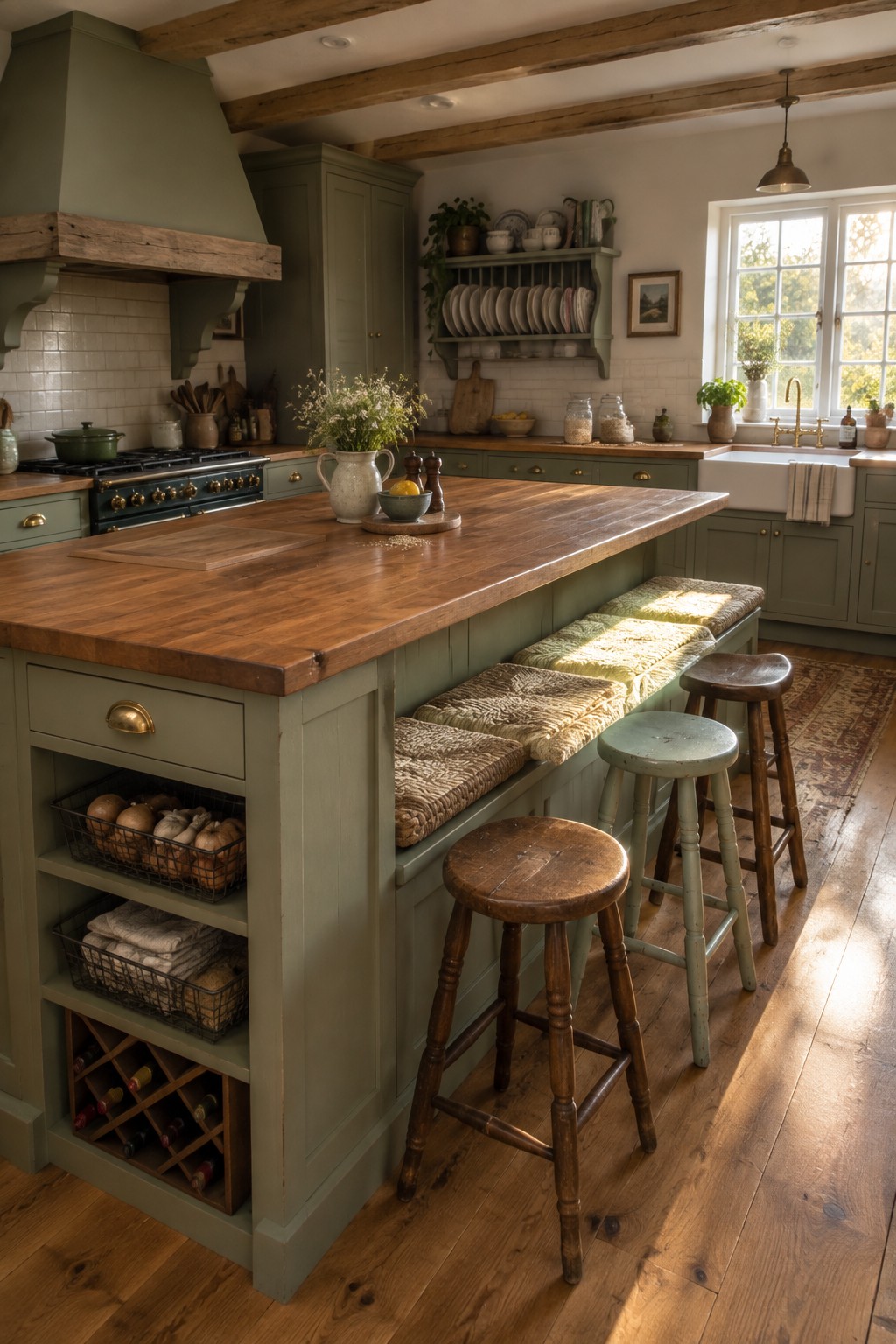 A kitchen island with green cabinetry, a wooden countertop, cushioned bench seating along one side, wooden stools, and open storage baskets plus a wine rack on the end.