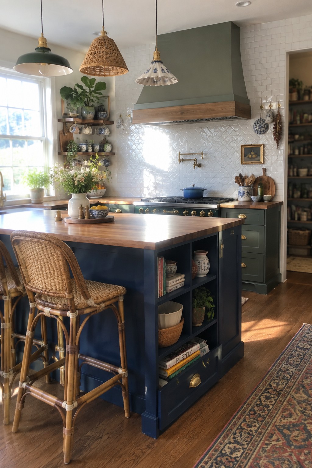 A kitchen island with a dark blue base, wooden countertop, open shelving filled with books and dishes, and rattan bar stools along one side.