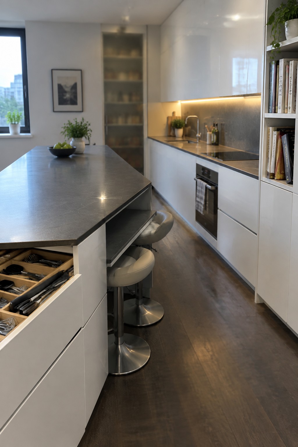 A modern kitchen with a long dark countertop island, white cabinetry, open storage drawers filled with utensils, three upholstered bar stools tucked underneath, and a stainless steel backsplash with under-cabinet lighting.