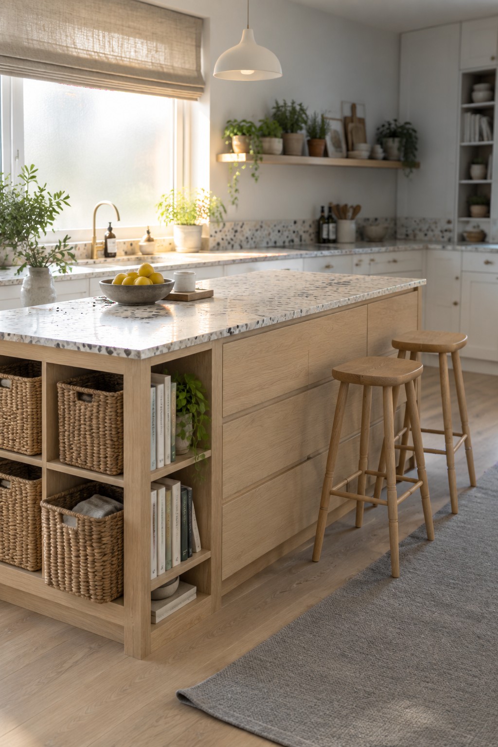 Modern kitchen with light wood island, stools, baskets, books, plants, and terrazzo countertop