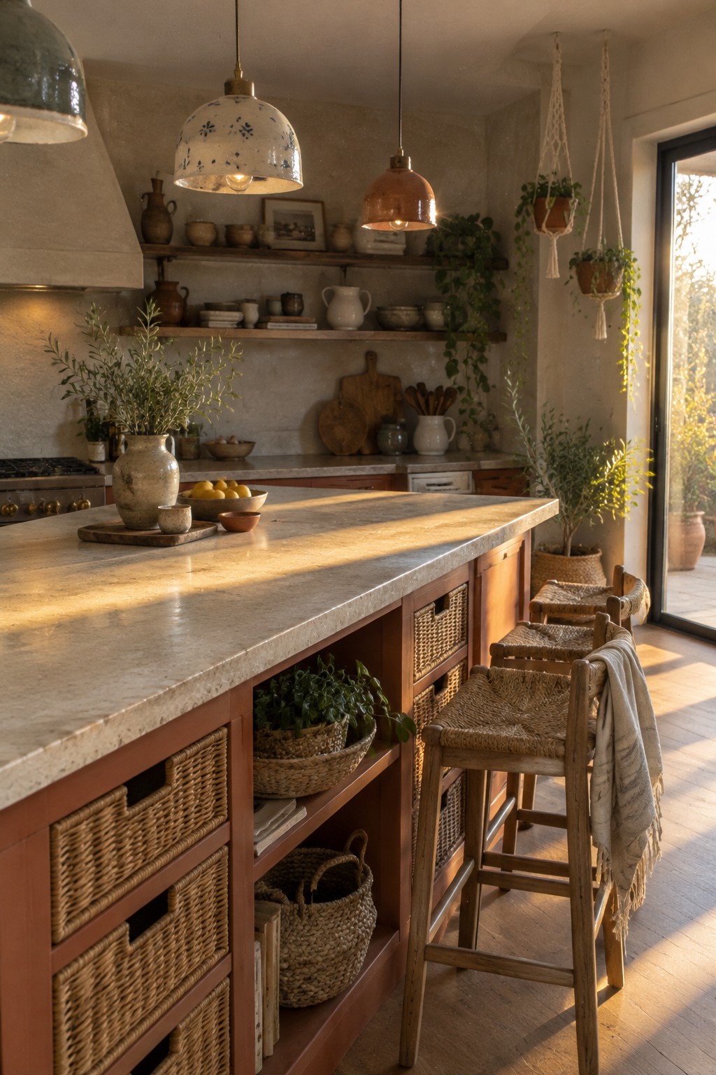 Rustic kitchen island with woven bar stools, terracotta cabinets, hanging pendants, and sunlit plants