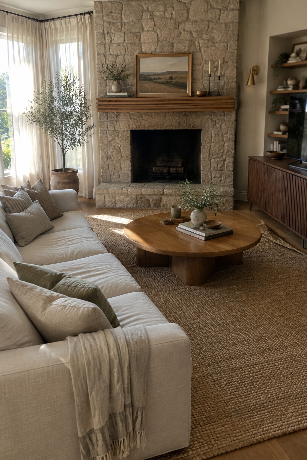 Sunlit living room with white sofa, round wooden table, woven rug, and fireplace.