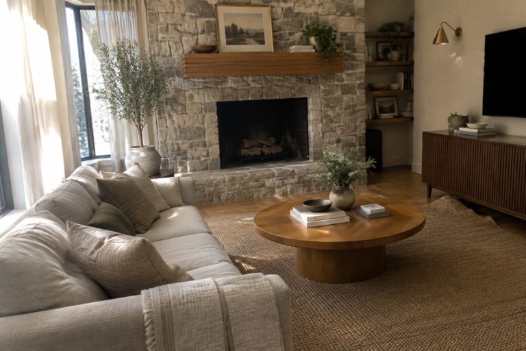 21 Contemporary Home Interiors Featuring Stone, Linen, and Warm Wood Sunlit living room with white sofa, round wooden table, woven rug, and fireplace.