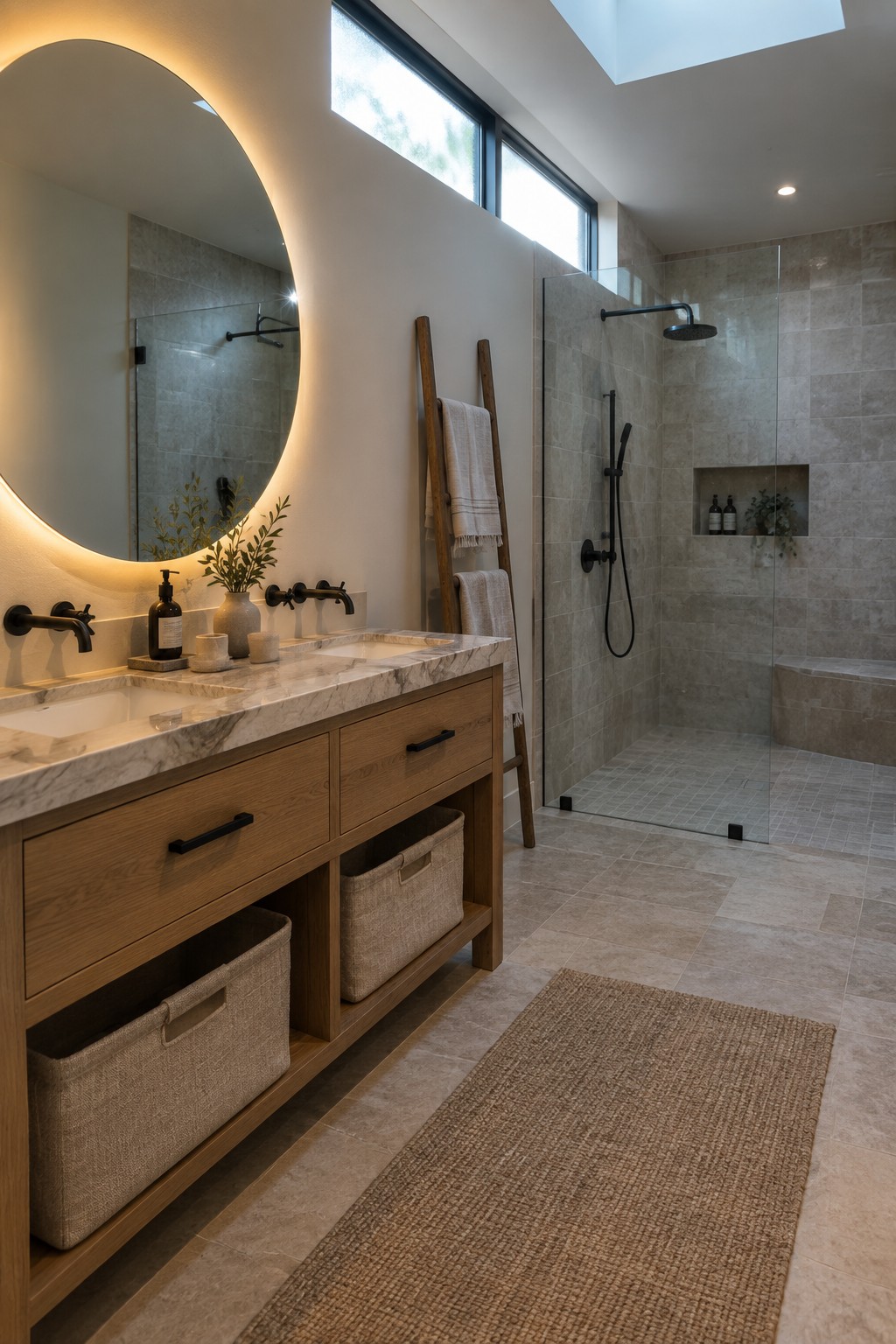 A modern bathroom shows a floating wood vanity with a marble countertop, black faucet, wall sconces, and a large mirror above the sink.