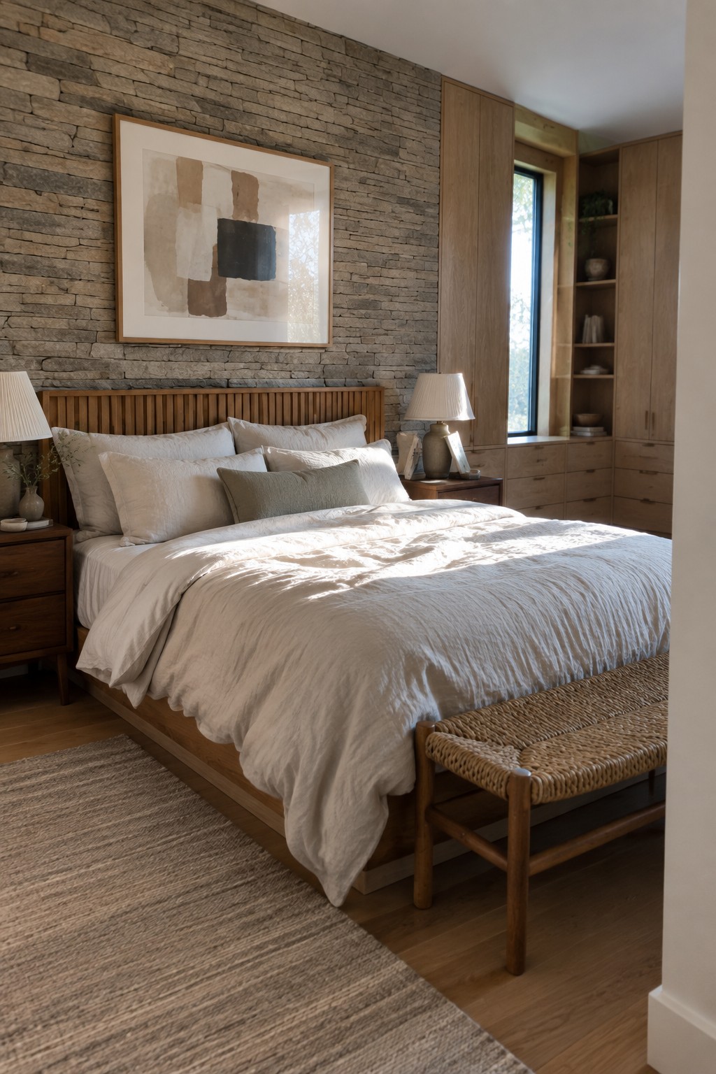 A bedroom featuring a low wooden platform bed with a rattan headboard, dressed in white linen sheets and a beige throw, next to a wooden dresser and a jute rug on light hardwood flooring.