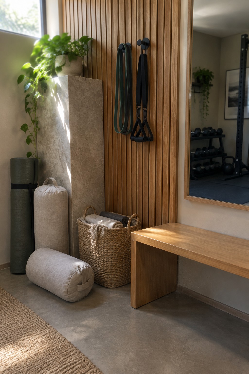 A round wooden dining table with four beige upholstered swivel chairs is positioned in front of dark wood kitchen cabinets and a stone countertop, with potted plants on the windowsill and a built-in bench seat to the right.