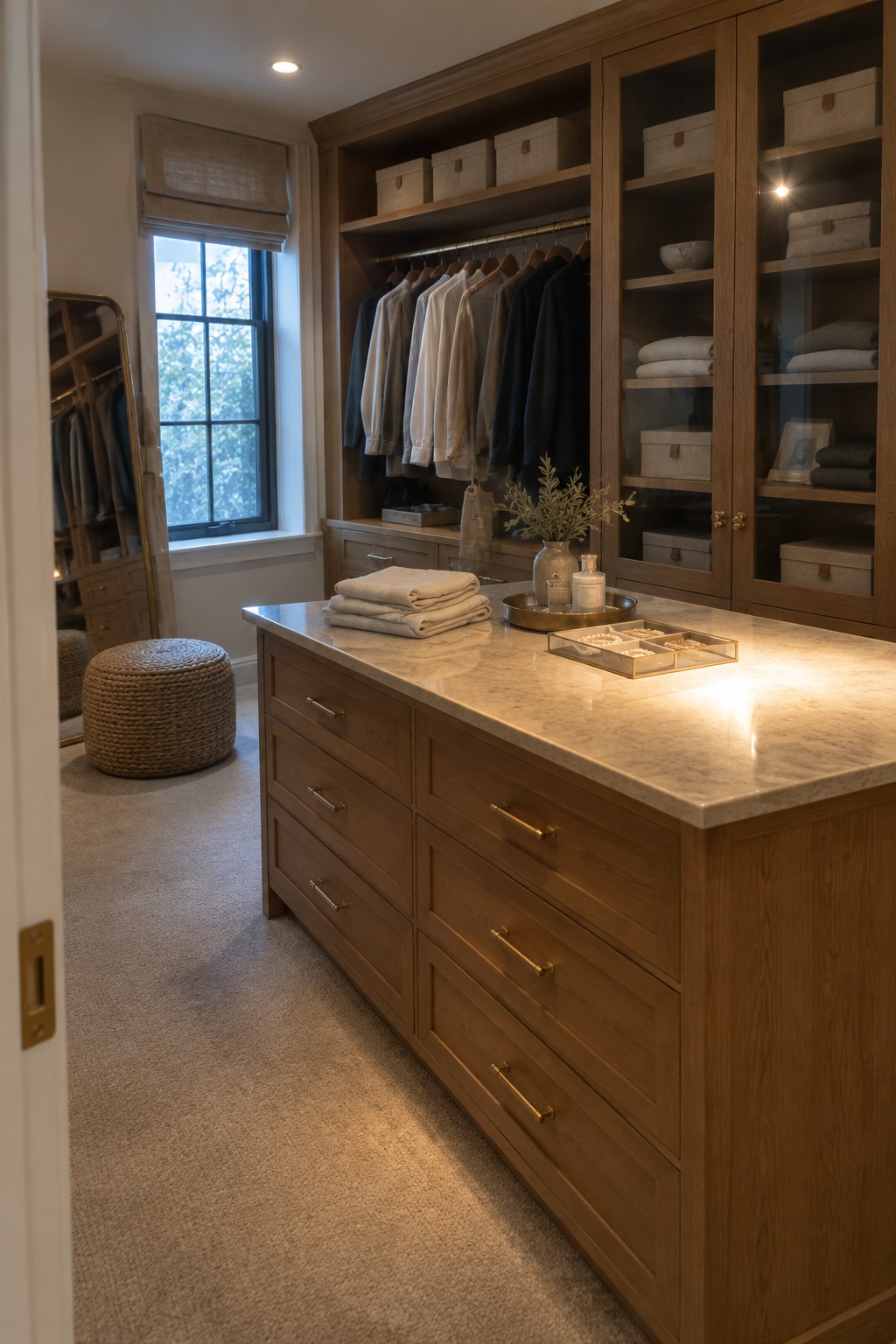 A bathroom with a floating light wood vanity against a stacked stone wall, featuring a stone vessel sink, round mirror, and folded towels on the lower shelf.