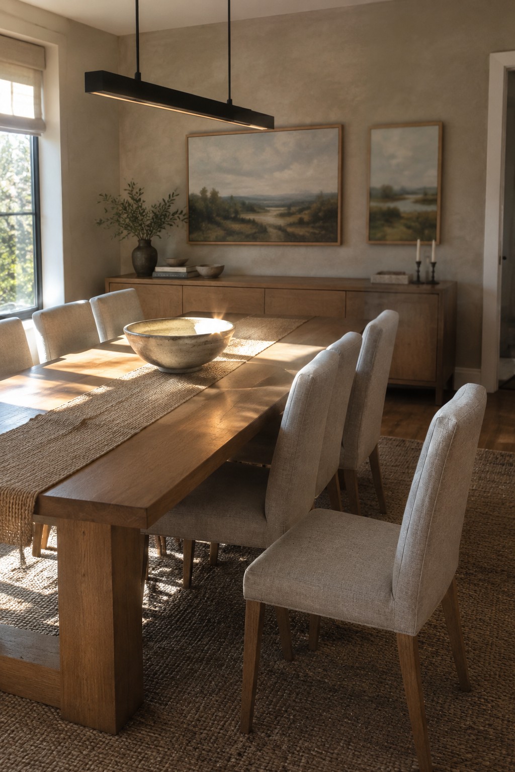 A round wooden dining table surrounded by light gray linen upholstered chairs on a woven rug, with a stone sideboard and framed black and white photographs visible in the background.