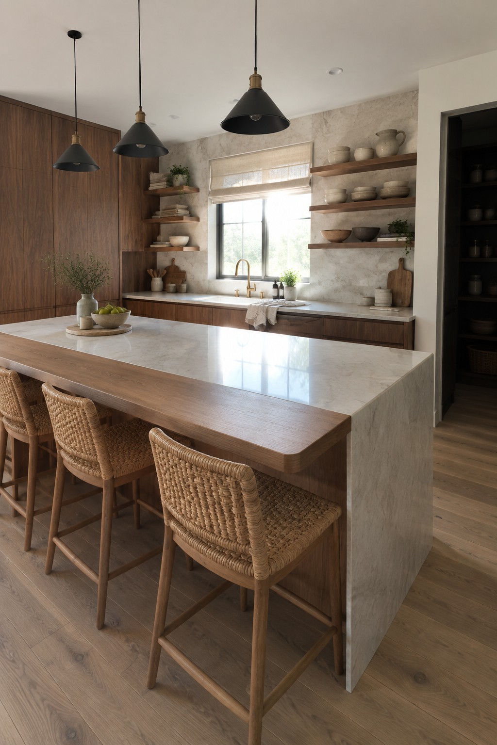 Modern kitchen with marble island, beige bar stools, and woven pendant light