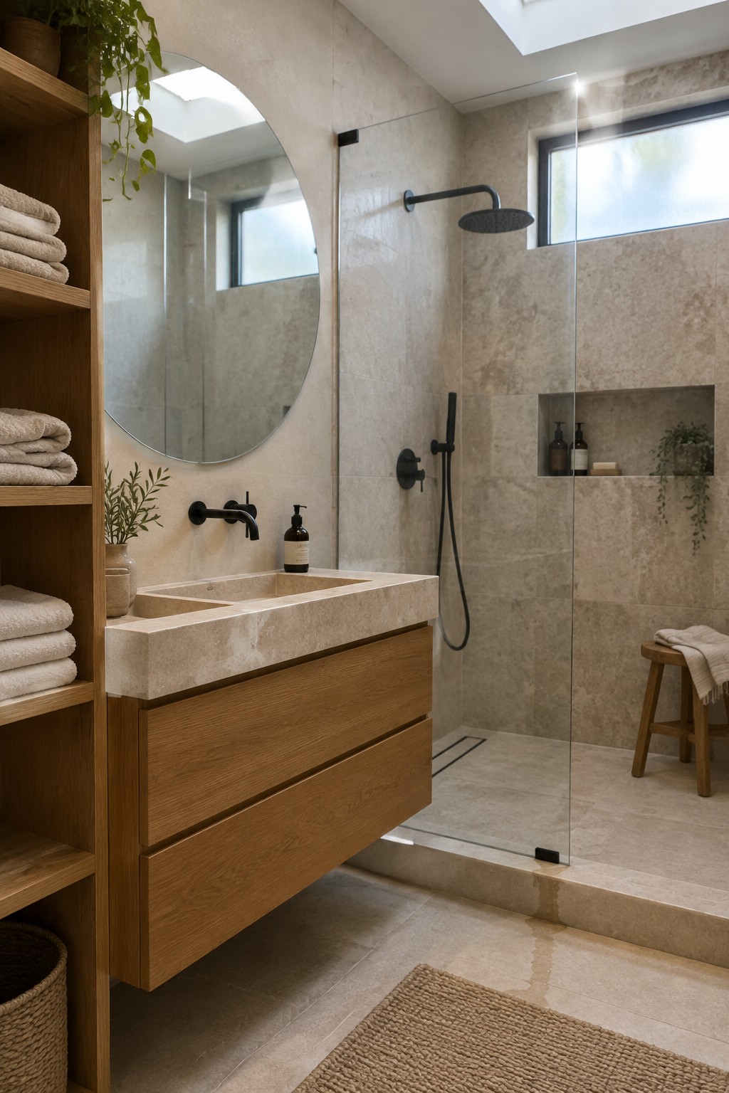 Modern bathroom with dark gray tiles, wooden vanity, marble sink, and round mirror.