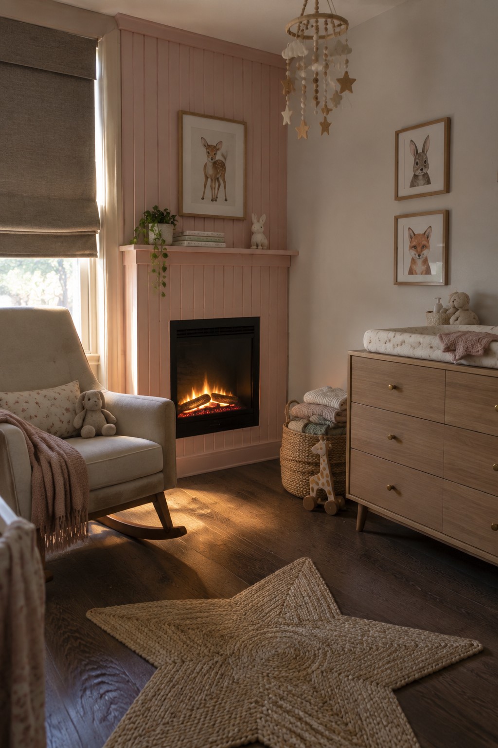 A nursery featuring a pink paneled fireplace with a lit fire, rocking chair, wooden dresser with changing pad, star-shaped rug, and framed animal prints on the walls.
