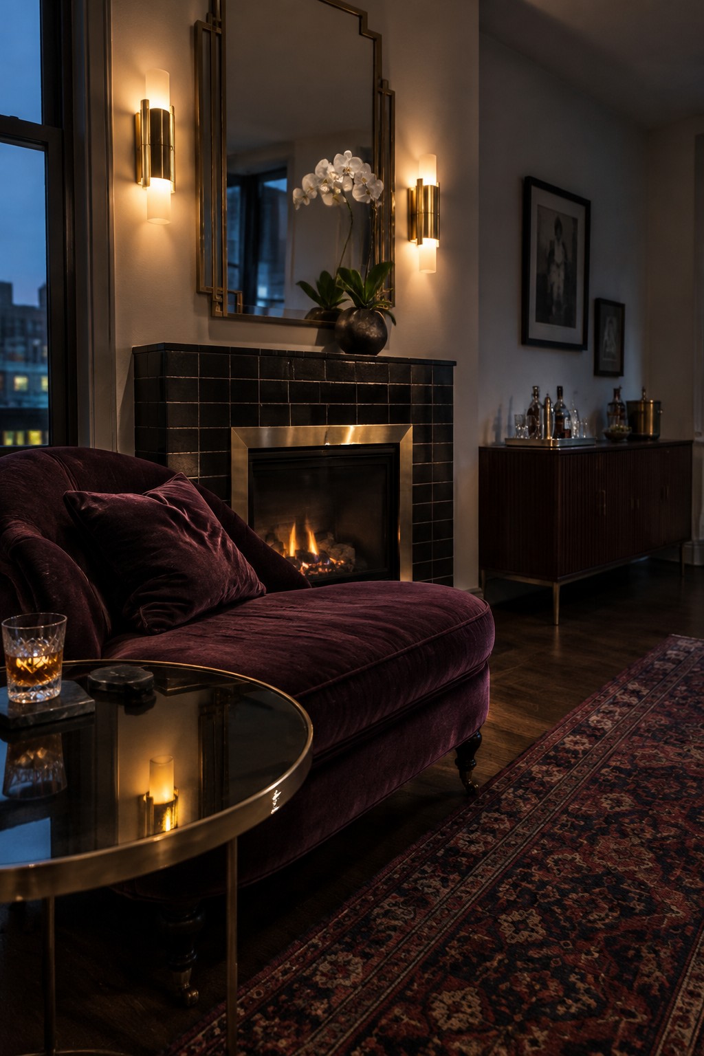 Elegant purple velvet chaise beside glowing fireplace with round glass table and patterned rug