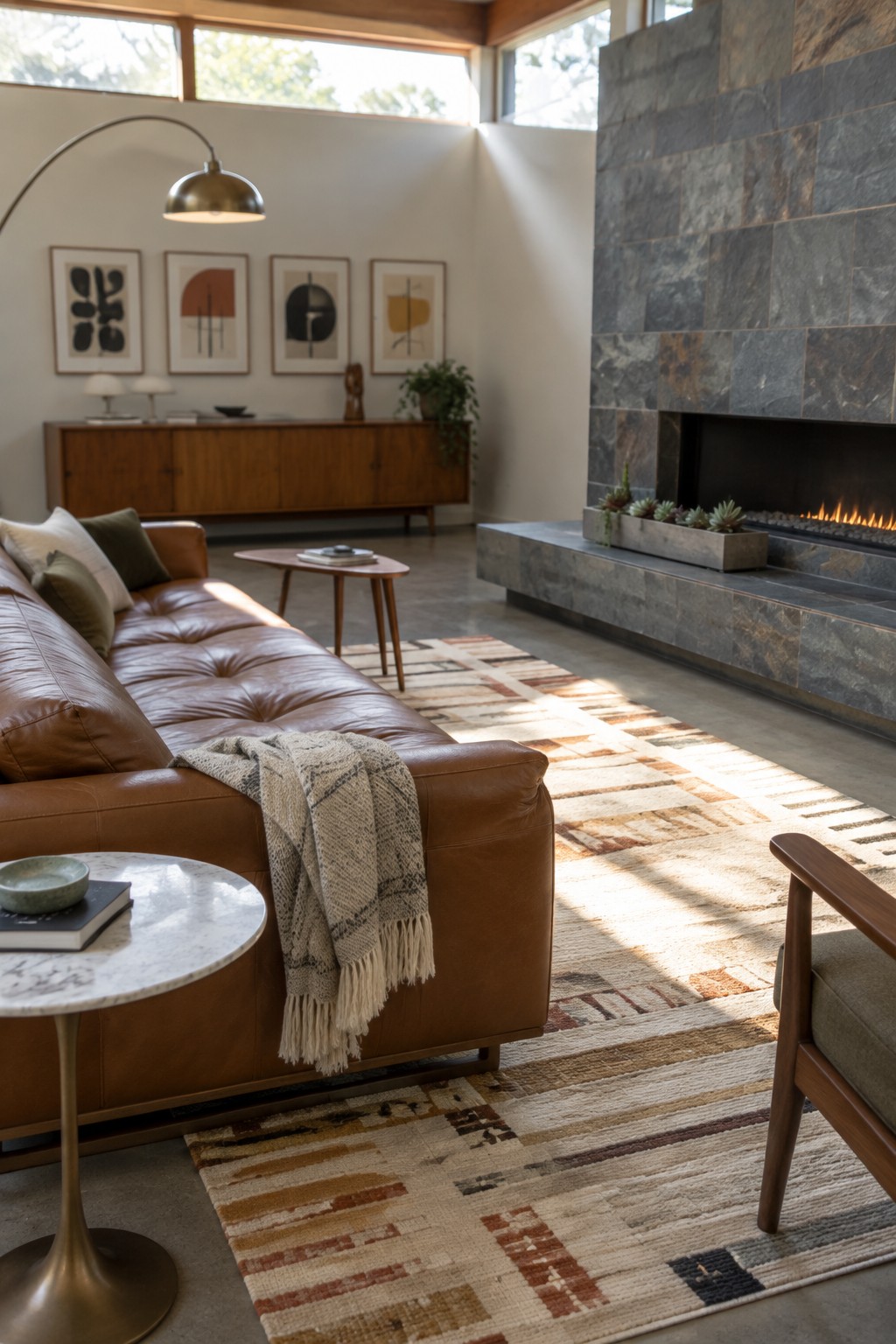 Sunlit living room with brown leather sofa, stone fireplace, and striped rug.