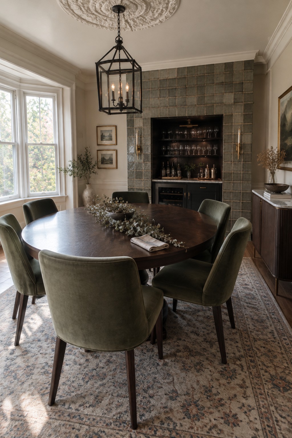 A round dark wood dining table with green velvet chairs sits on a patterned rug in front of a green tiled wall with a built-in bar featuring open shelves, glassware, and a wine fridge.