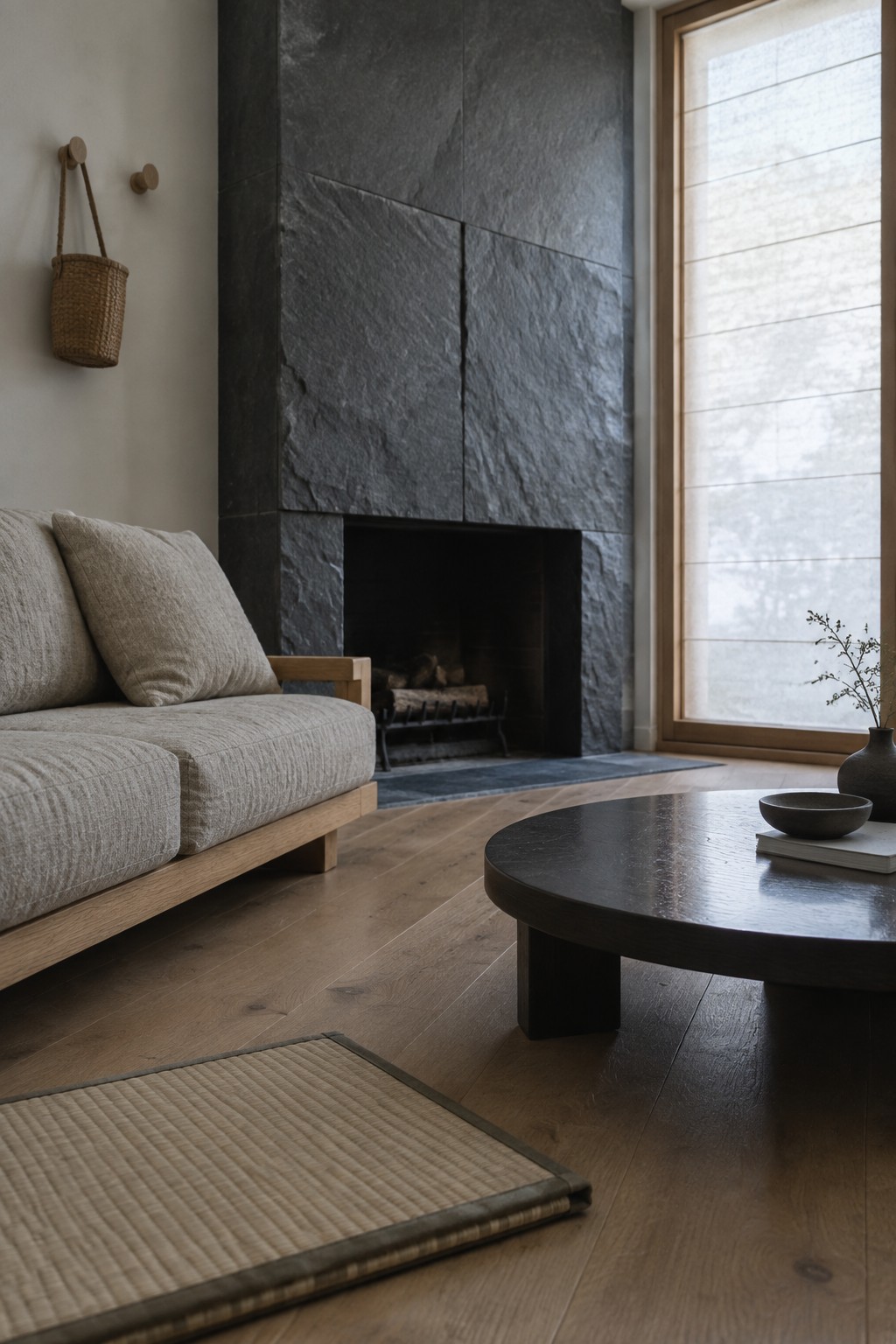 A living room with a large dark stone fireplace, light gray sofa on a wooden frame, round dark coffee table, and woven mat on hardwood floors.