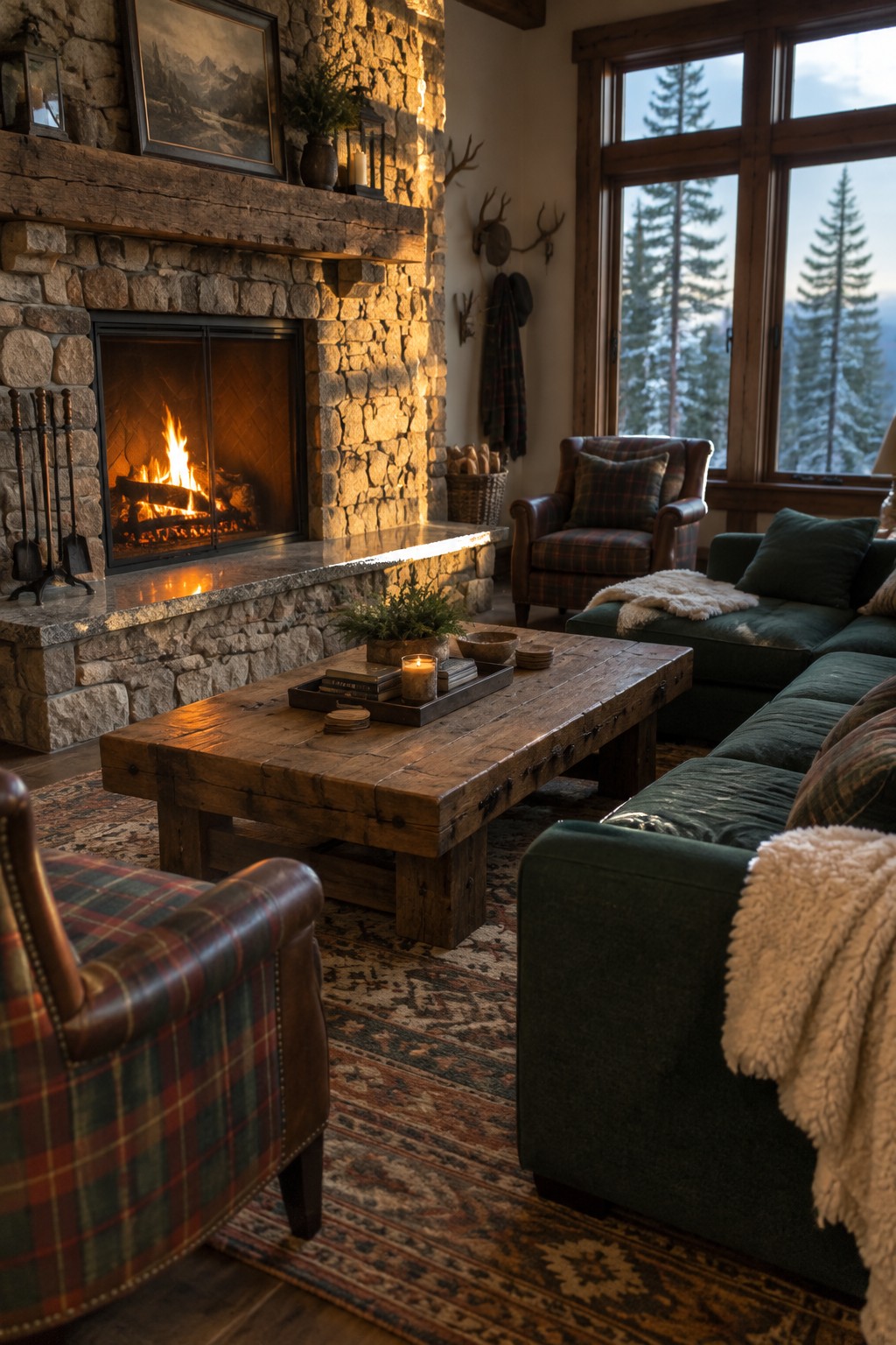 A cozy living room centered on a large stone fireplace, with a green sectional sofa, plaid armchairs, wooden coffee table, and patterned rug.