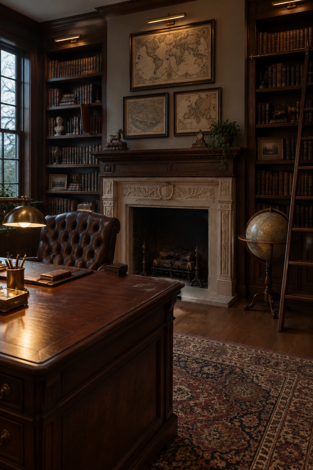 Vintage dark wood study with leather desk chair, fireplace, bookshelves, antique maps and globe.