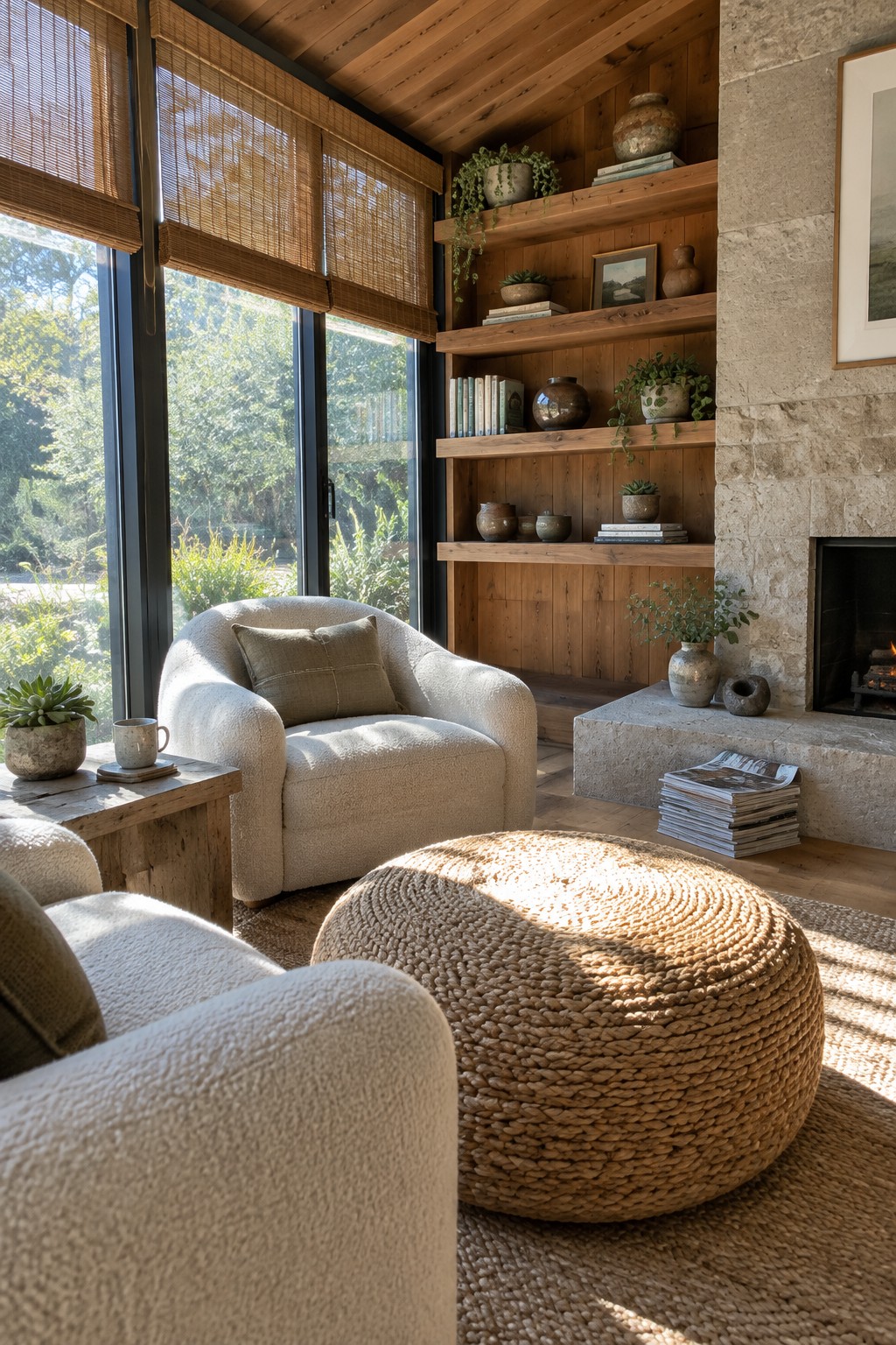 A living room featuring a stone fireplace with wooden built-in shelves holding books, pottery, and plants, two white boucle armchairs, a woven ottoman, and large windows with bamboo shades.