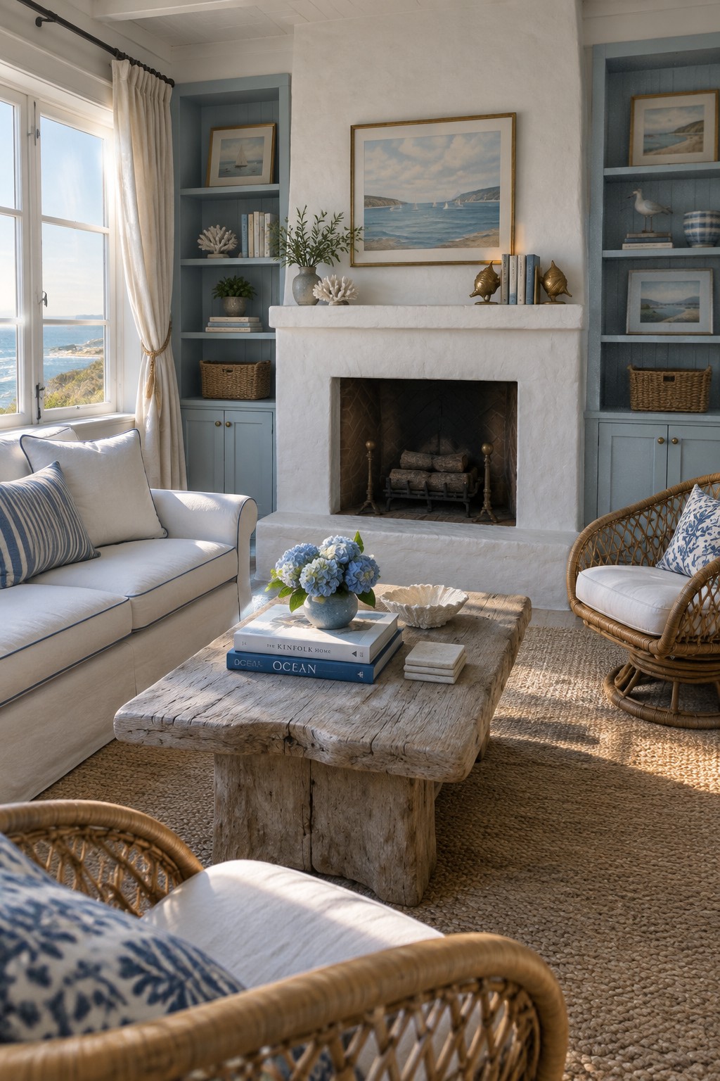 Coastal living room with white sofa, rustic table, fireplace, blue shelves, and ocean view.