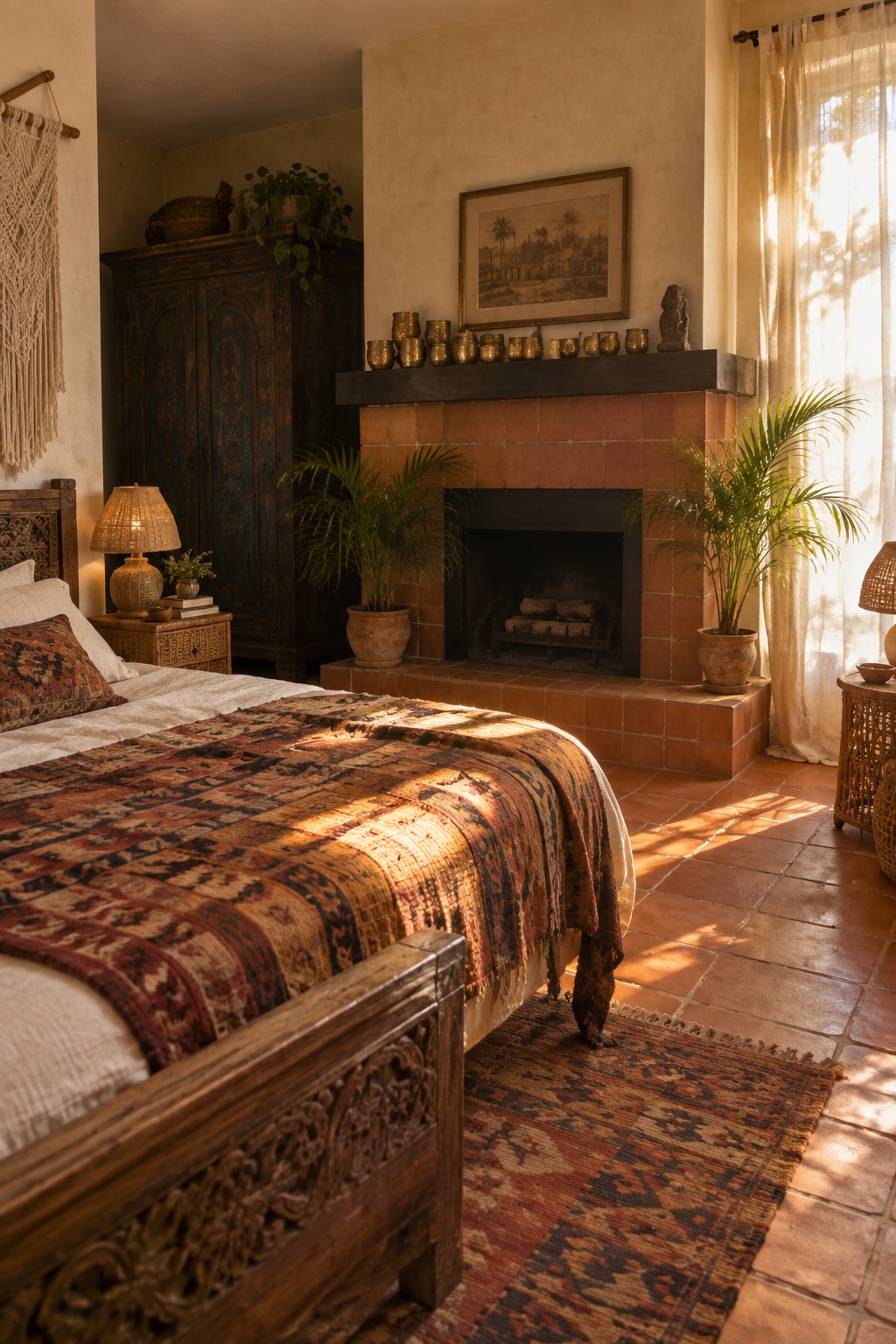 A bedroom interior with a brick fireplace as the main focal point, a carved wooden bed facing it, and terracotta tile flooring.
