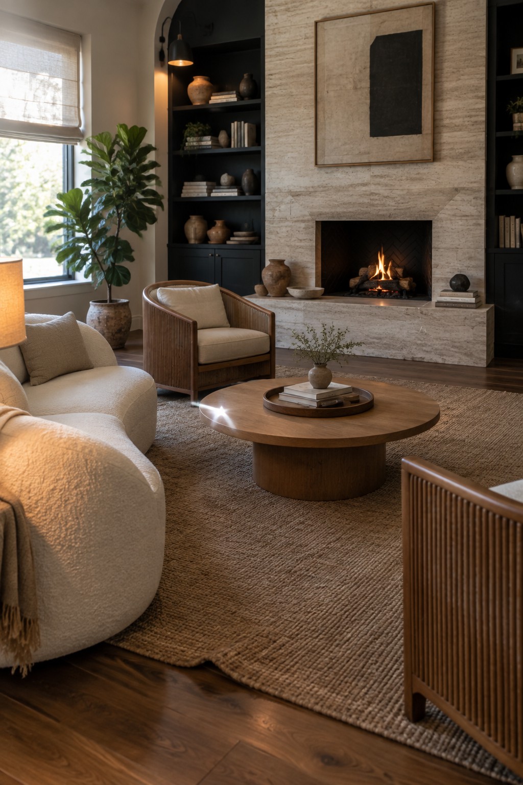 A living room with a stone fireplace, round wooden coffee table on a large woven rug, and curved beige sofa facing the hearth.