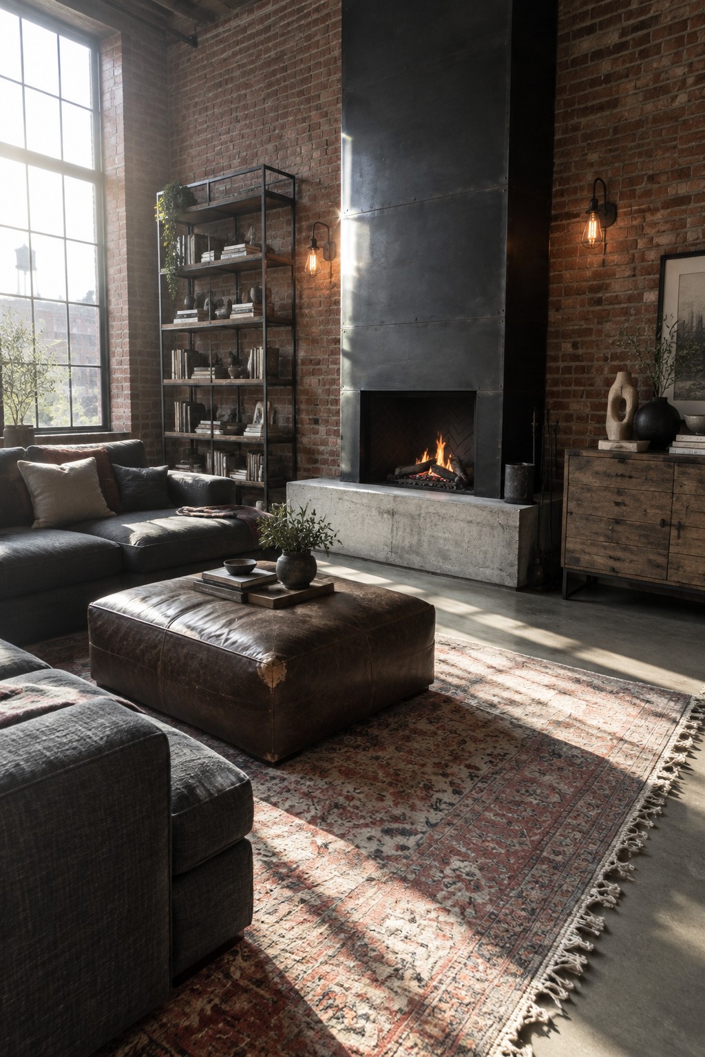 A living room featuring a large metal fireplace set into a brick wall, with a dark sectional sofa and brown leather ottoman arranged on a patterned rug facing the fire.