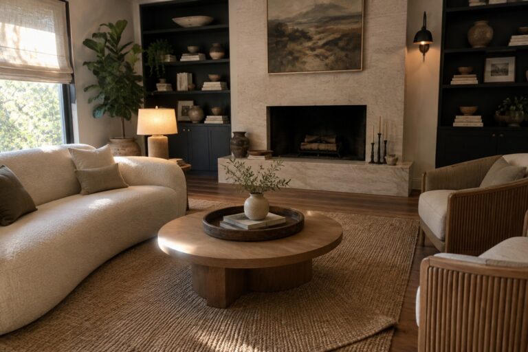 21 Cozy Home Interior Ideas Designed Around Fireplace Focal Points A living room with a stone fireplace, round wooden coffee table on a large woven rug, and curved beige sofa facing the hearth.