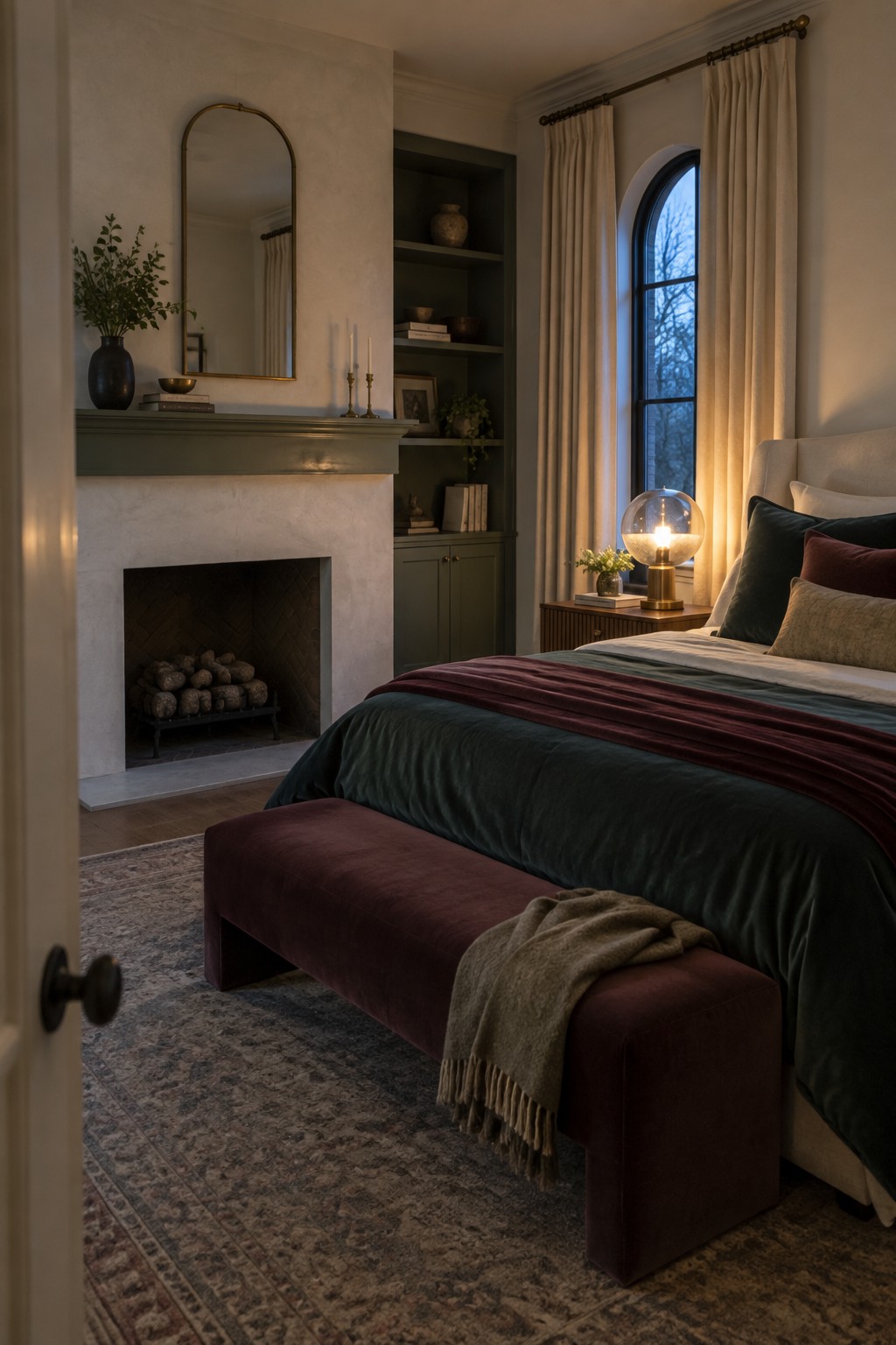 A bedroom with a white fireplace on the left wall, built-in green shelves beside it, a large bed with dark green and burgundy bedding, and a maroon bench at the foot of the bed.