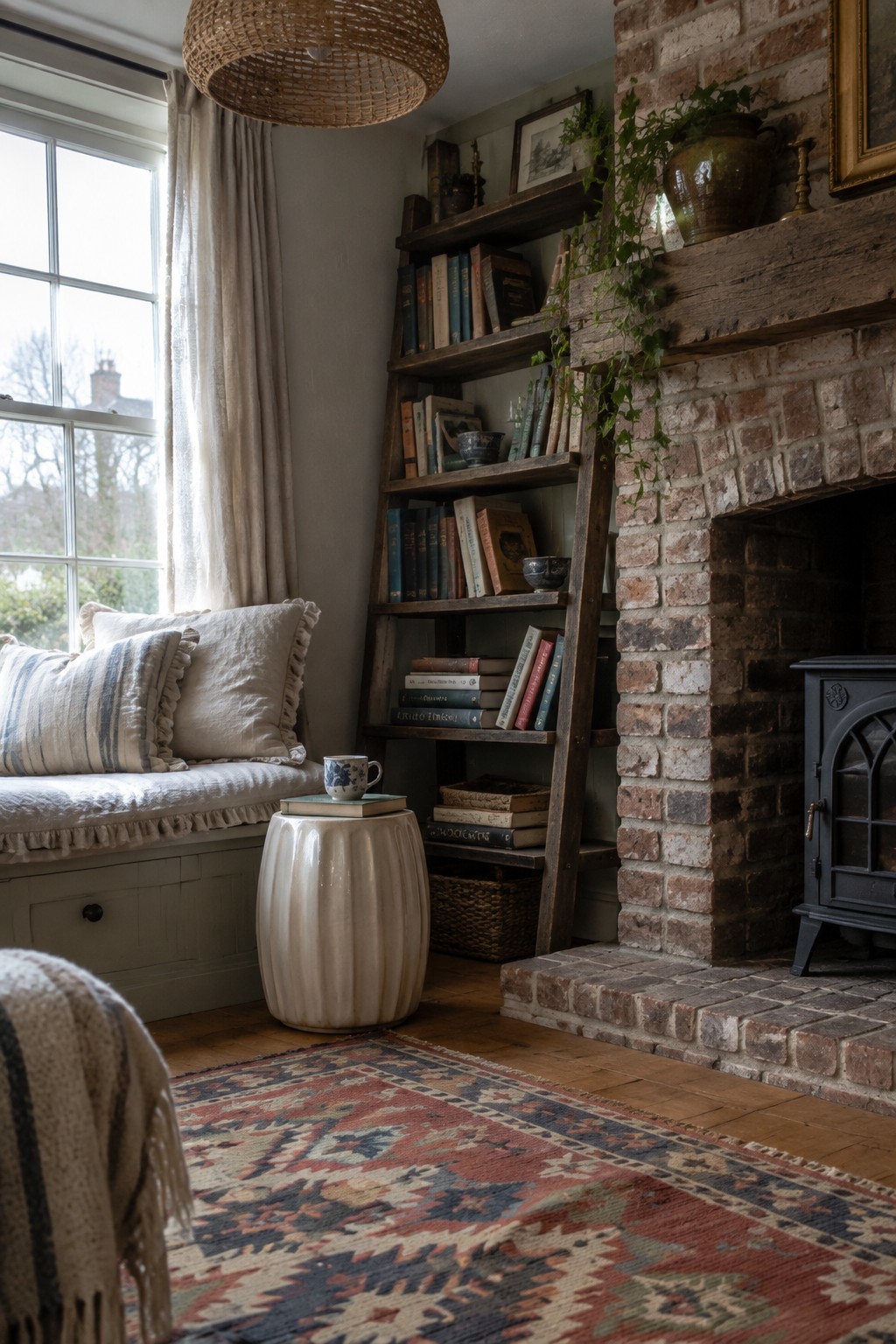 Cozy room with brick fireplace, ladder bookshelf, window seat, patterned rug, and woven lamp.