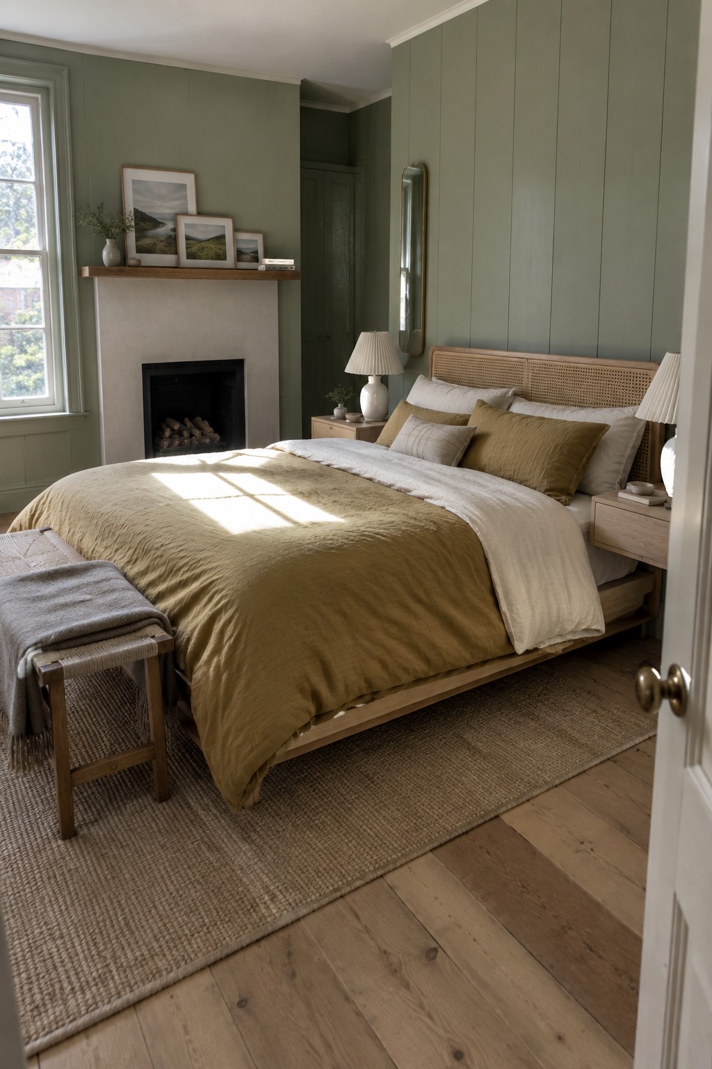 A bedroom with a fireplace on the left wall, a low wooden bed with mustard bedding, and a large jute rug on the floor.