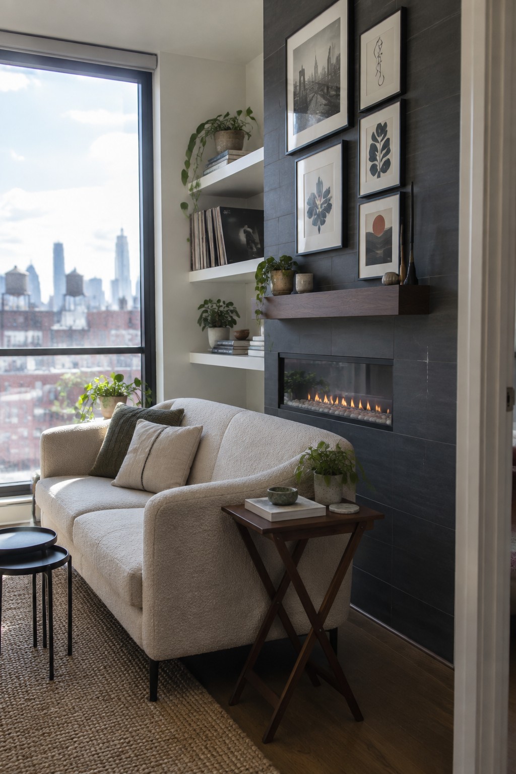 A living room featuring a modern linear fireplace built into a dark gray tiled wall, with floating white shelves holding books, records, and potted plants, a light-colored sofa in front, and a large window showing a city skyline.