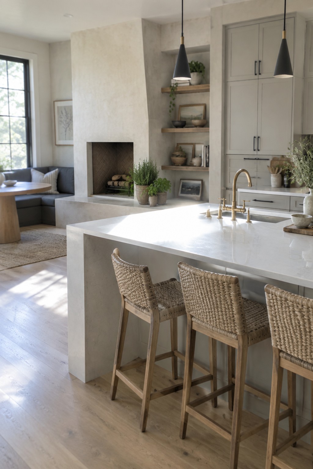 Modern kitchen with white marble island, woven bar stools, and fireplace