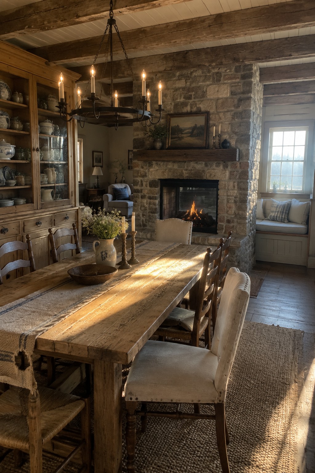 A long wooden dining table with mixed chairs sits in front of a large stone fireplace with a fire burning inside a rustic room.