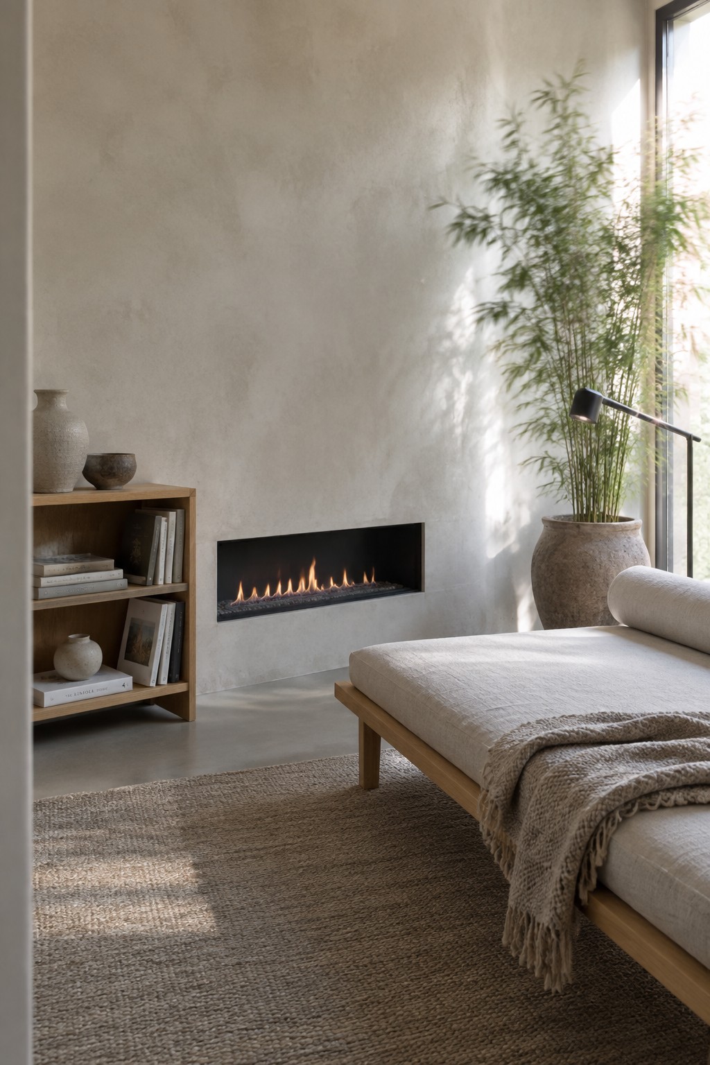 A linear fireplace recessed into a plain light-colored plaster wall in a minimalist living room with a low wooden daybed, woven rug, and wooden bookshelf on the left.